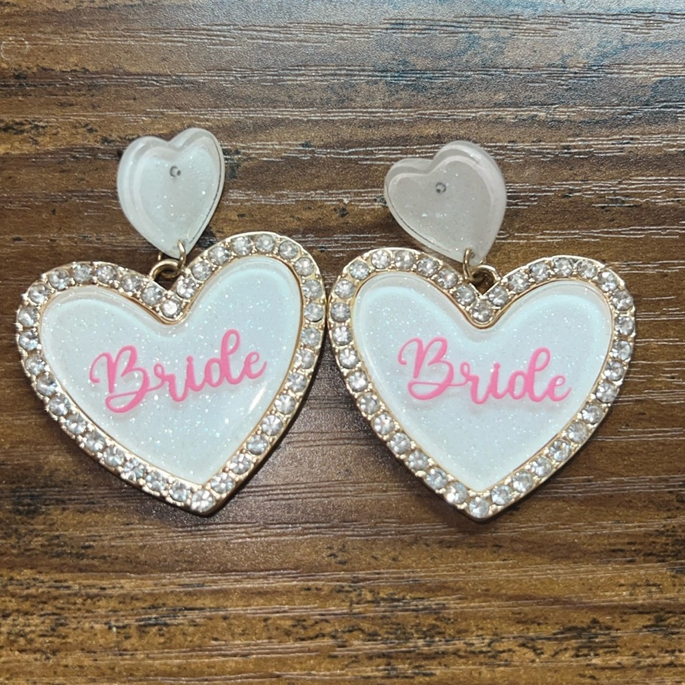 Bride heart shaped rhinestone sparkly earrings with a touch of gold and pink